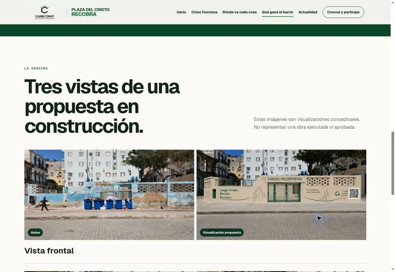Comparación de La Esquina antes de la intervención y su visualización conceptual.