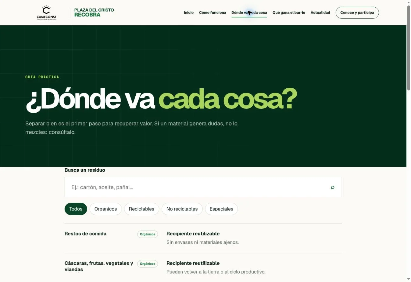 Guía de residuos con buscador, filtros por categoría e indicaciones de separación.