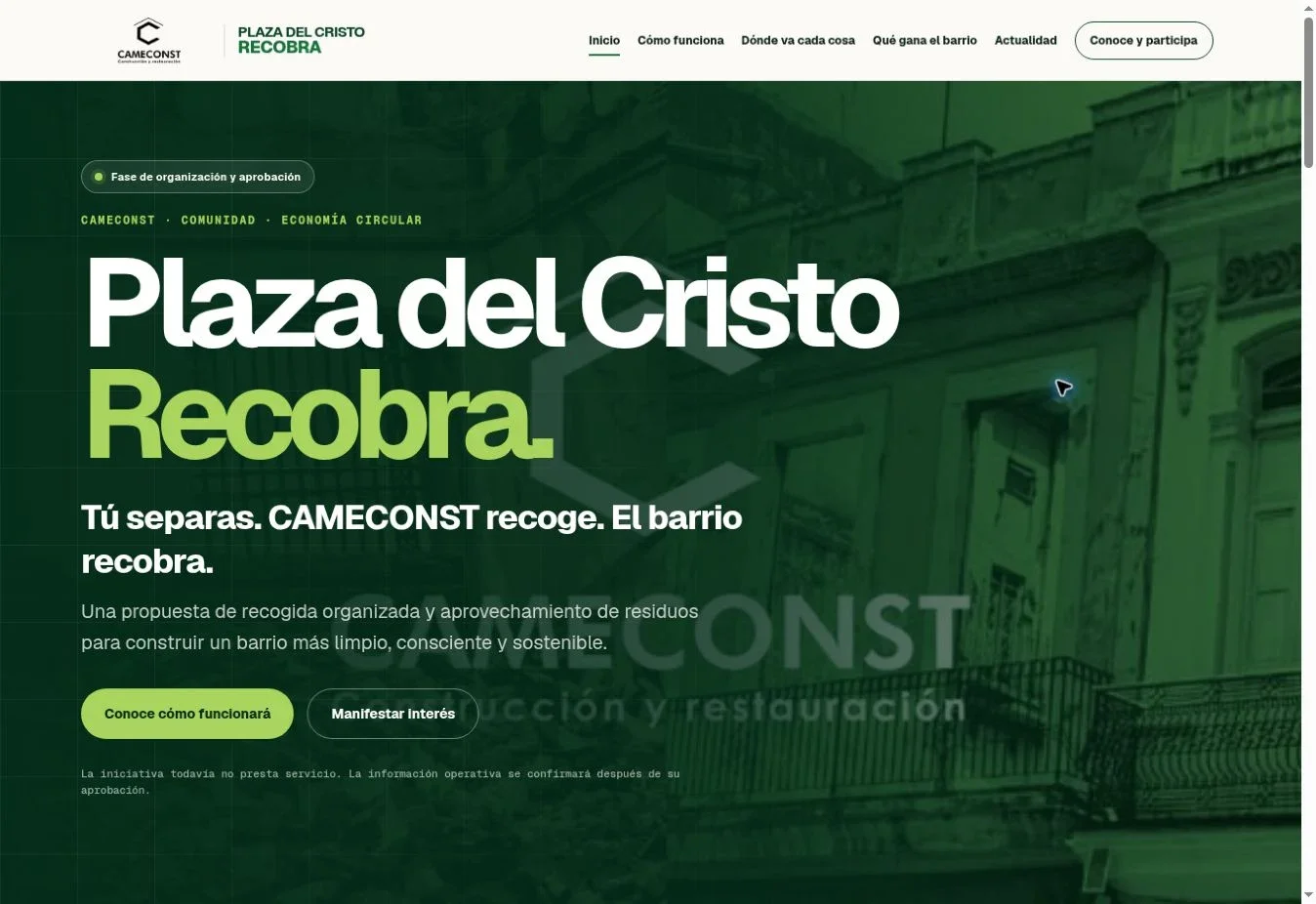 Portada de Plaza del Cristo Recobra con identidad verde y presentación de la propuesta comunitaria.