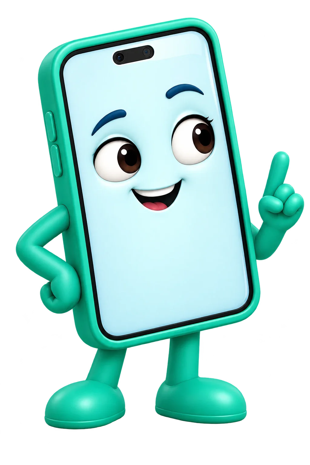 Propuesta de teléfono verde con rostro, brazos y piernas.