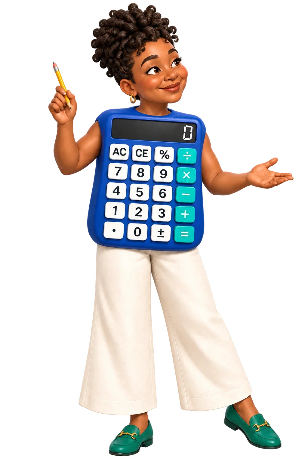 Personaje femenino con una calculadora integrada en el torso.
