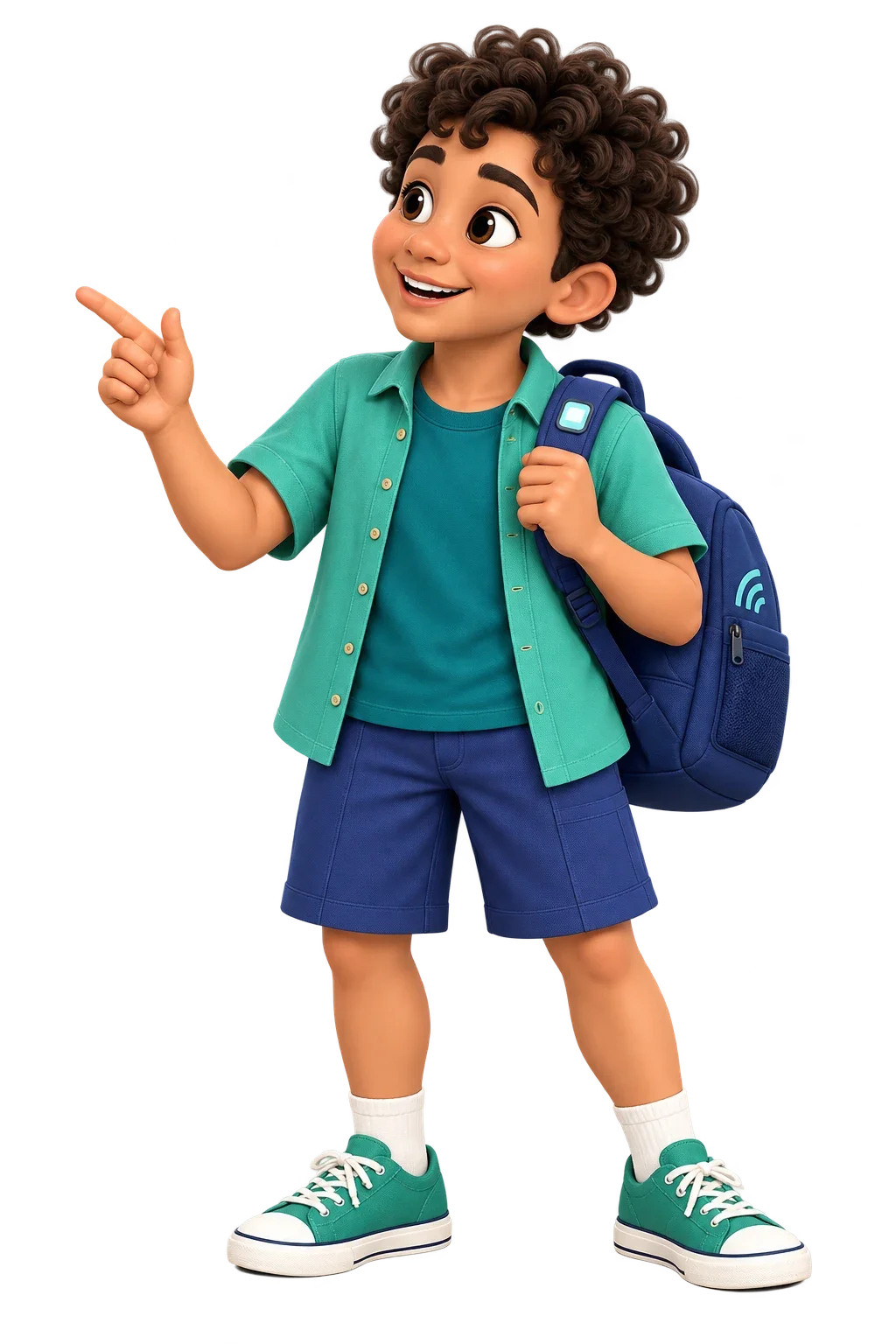 Personaje infantil con mochila y teléfono, señalando con una mano.