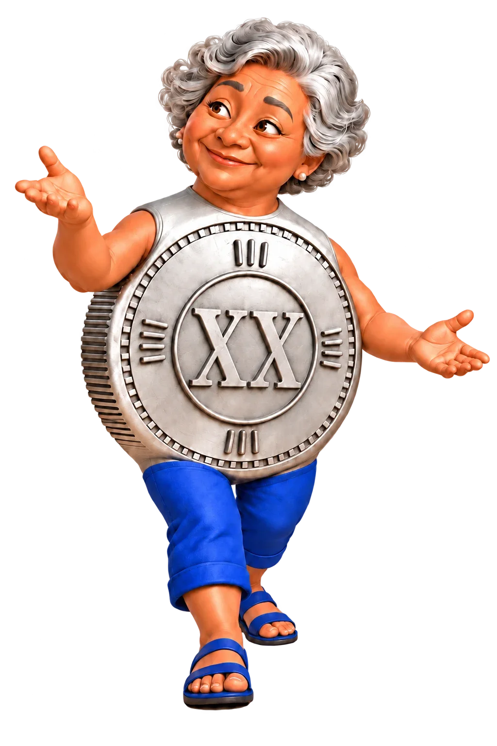 Personaje femenino con una moneda integrada en el torso.
