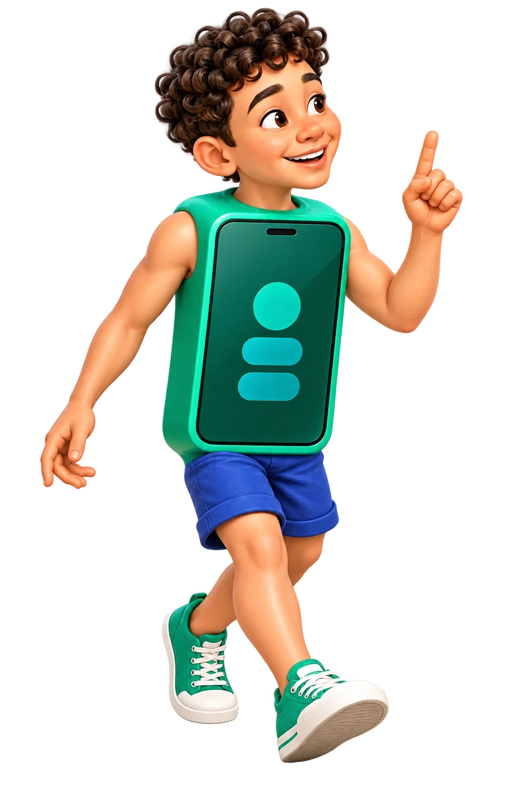 Personaje infantil con un teléfono integrado en el torso.