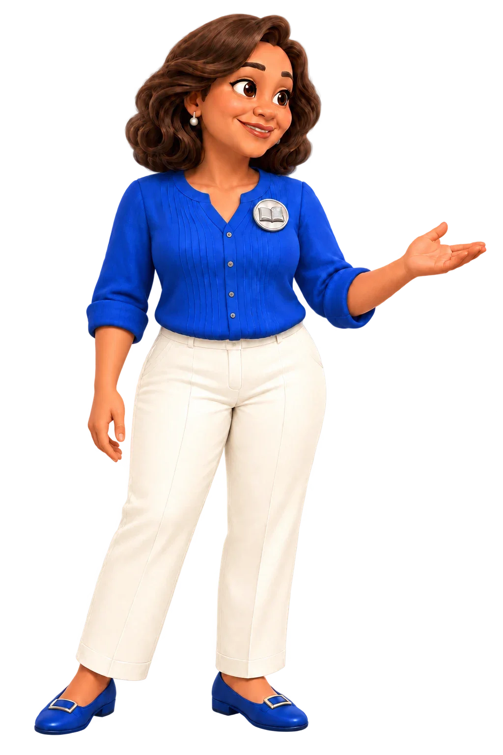 Personaje femenino con camisa azul, pantalón claro y un gesto explicativo.