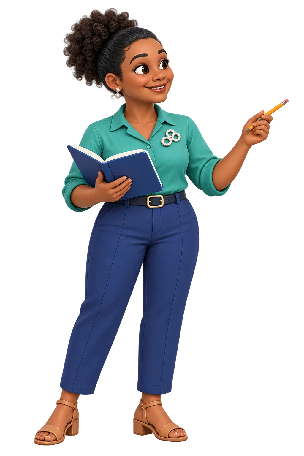 Personaje femenino con camisa verde y un libro abierto, señalando con una mano.