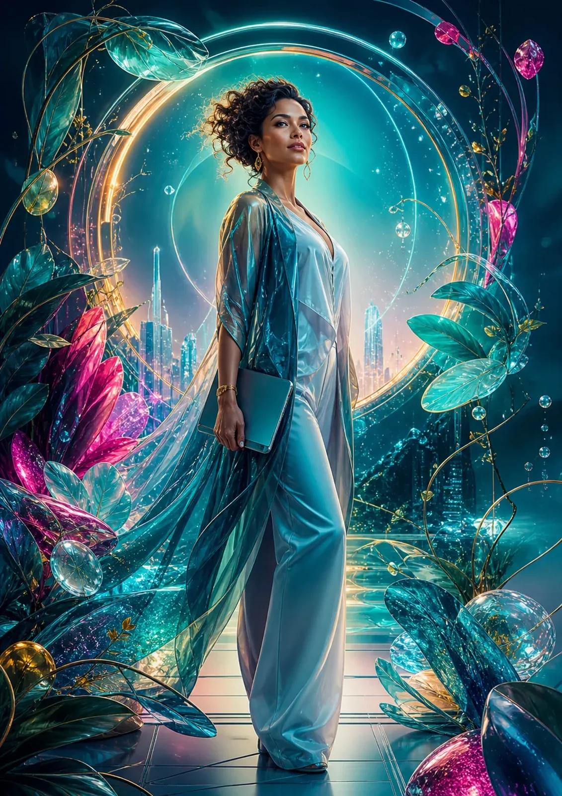 Figura femenina vestida de azul en un entorno fantástico de vegetación y un círculo luminoso.