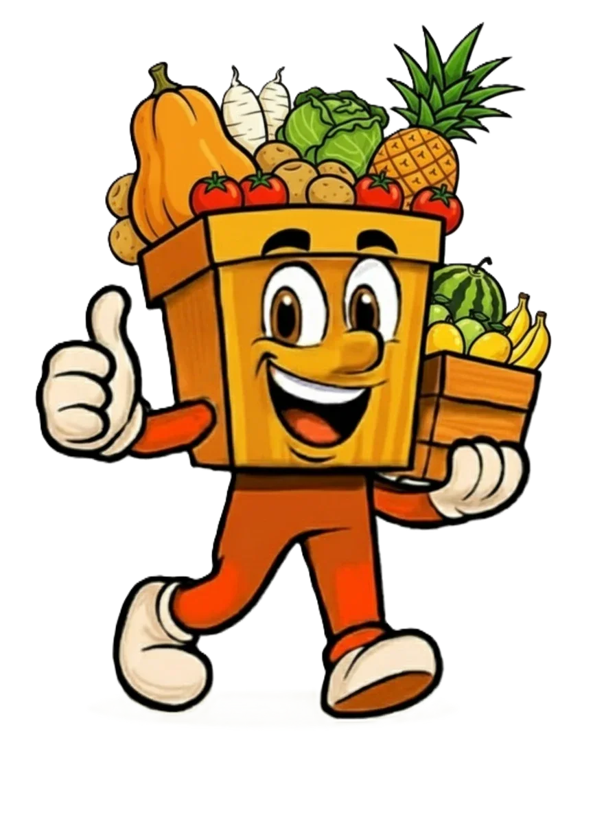Mascota de ACOPIO con cuerpo de caja, frutas y vegetales, levantando el pulgar.