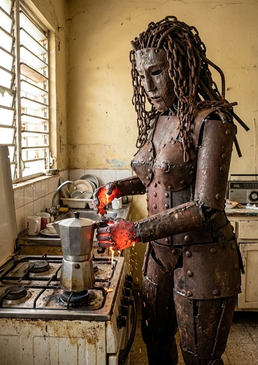 Figura femenina mecánica preparando café en una cocina iluminada por una ventana.