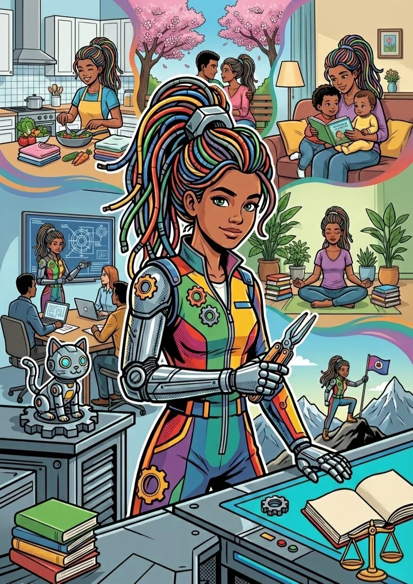 Heroína con brazos mecánicos y cabello multicolor, rodeada de escenas de trabajo y vida cotidiana.