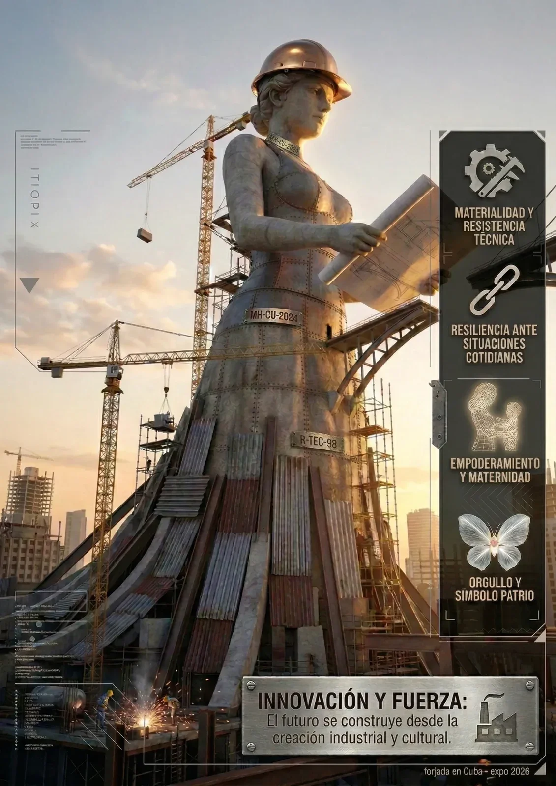 Figura femenina monumental con casco y cuerpo de estructura industrial, rodeada de grúas.