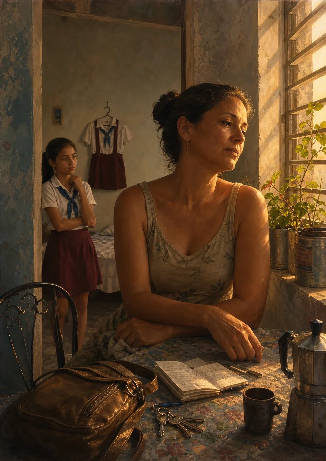 Mujer junto a una ventana con luz cálida, una taza y papeles sobre la mesa.
