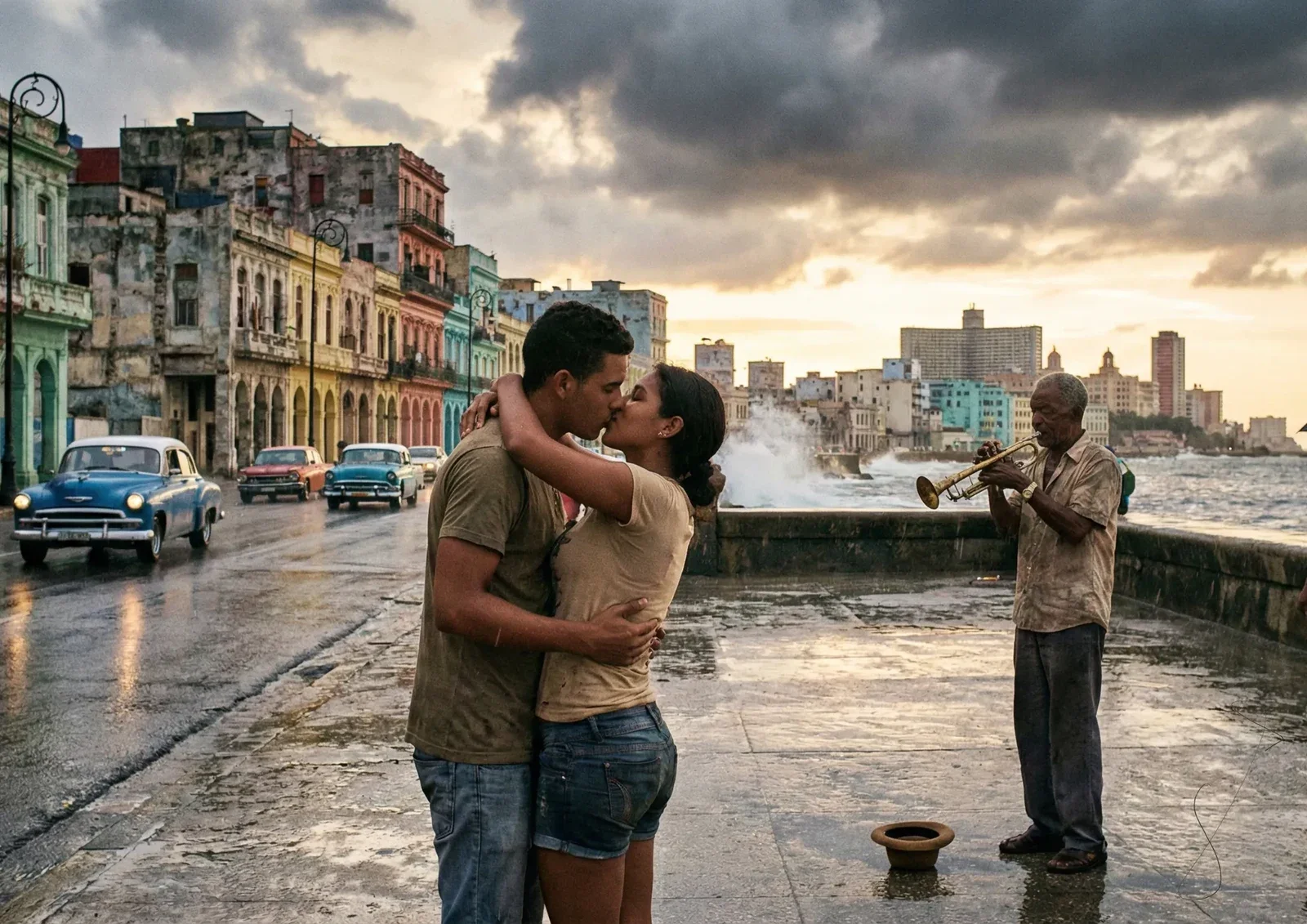 Pareja abrazada en una calle junto al mar, con un músico y edificios al fondo.