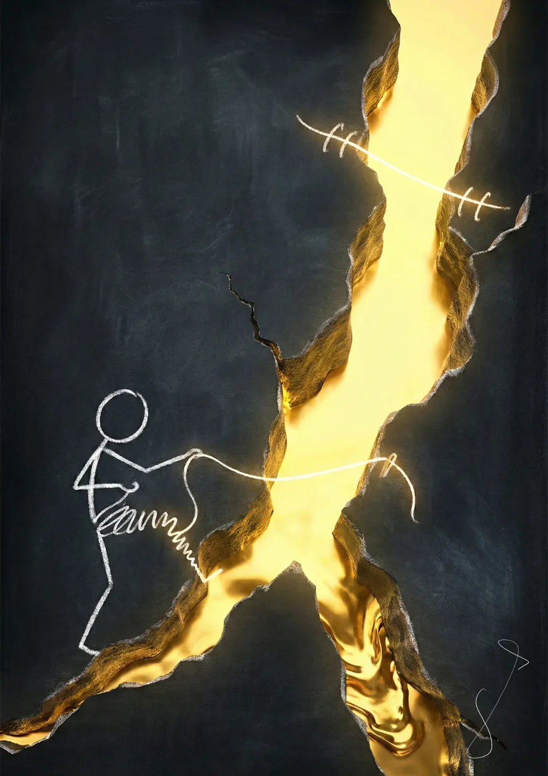 Grieta dorada luminosa sobre una superficie oscura, acompañada de dibujos lineales blancos.