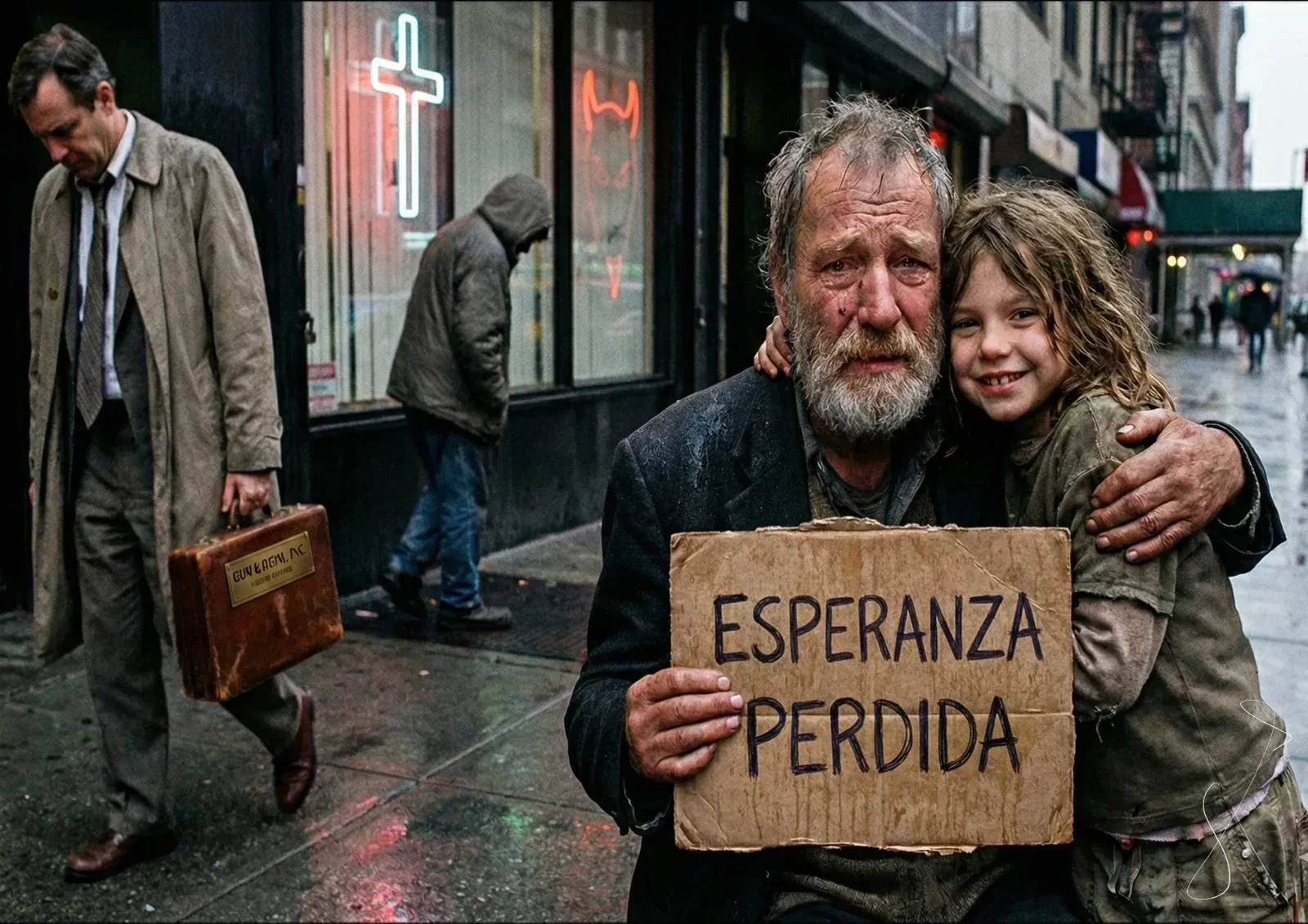 Dos figuras abrazadas en una calle sosteniendo un cartel que dice Esperanza perdida.