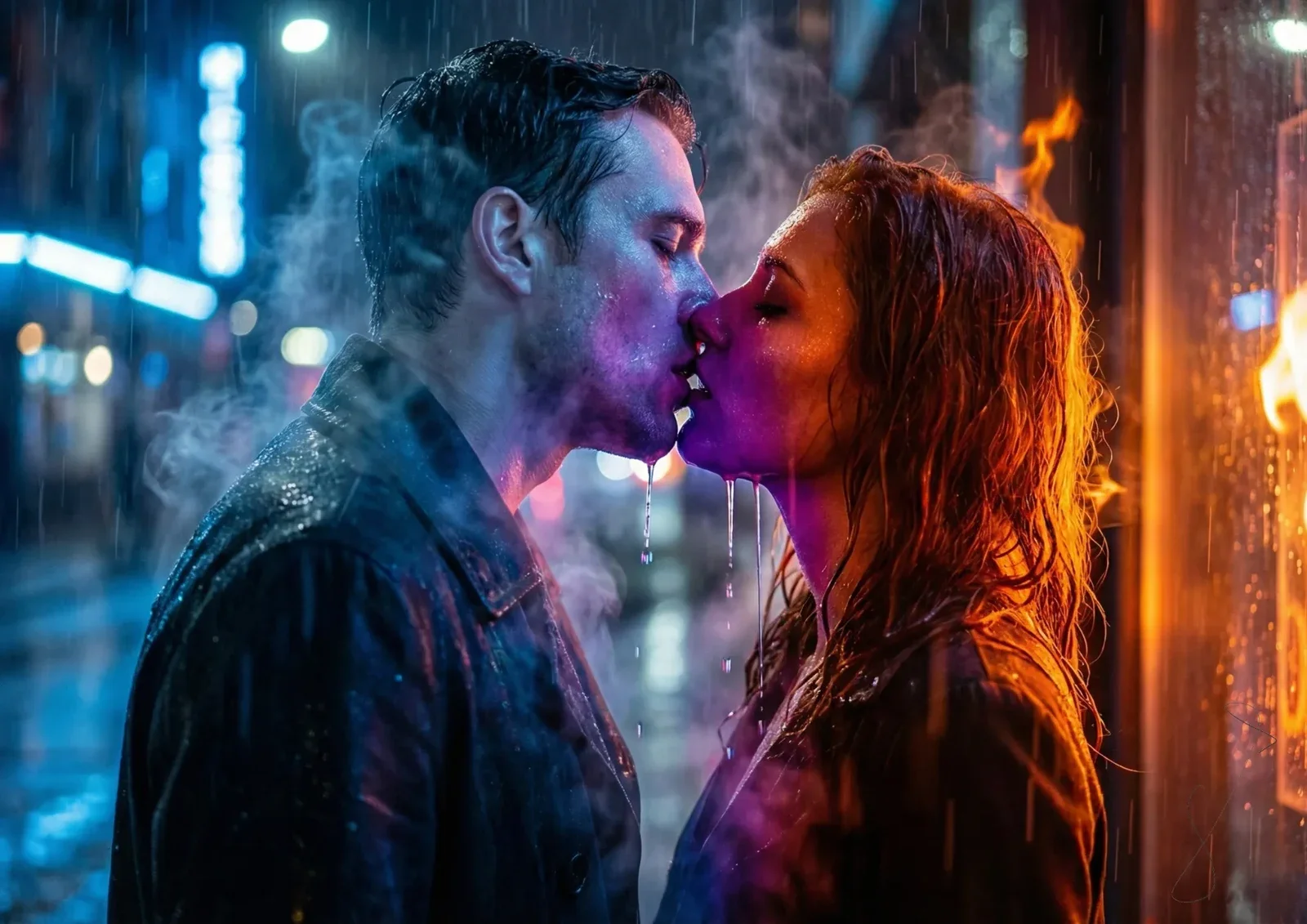 Pareja besándose bajo luces urbanas azules y anaranjadas.