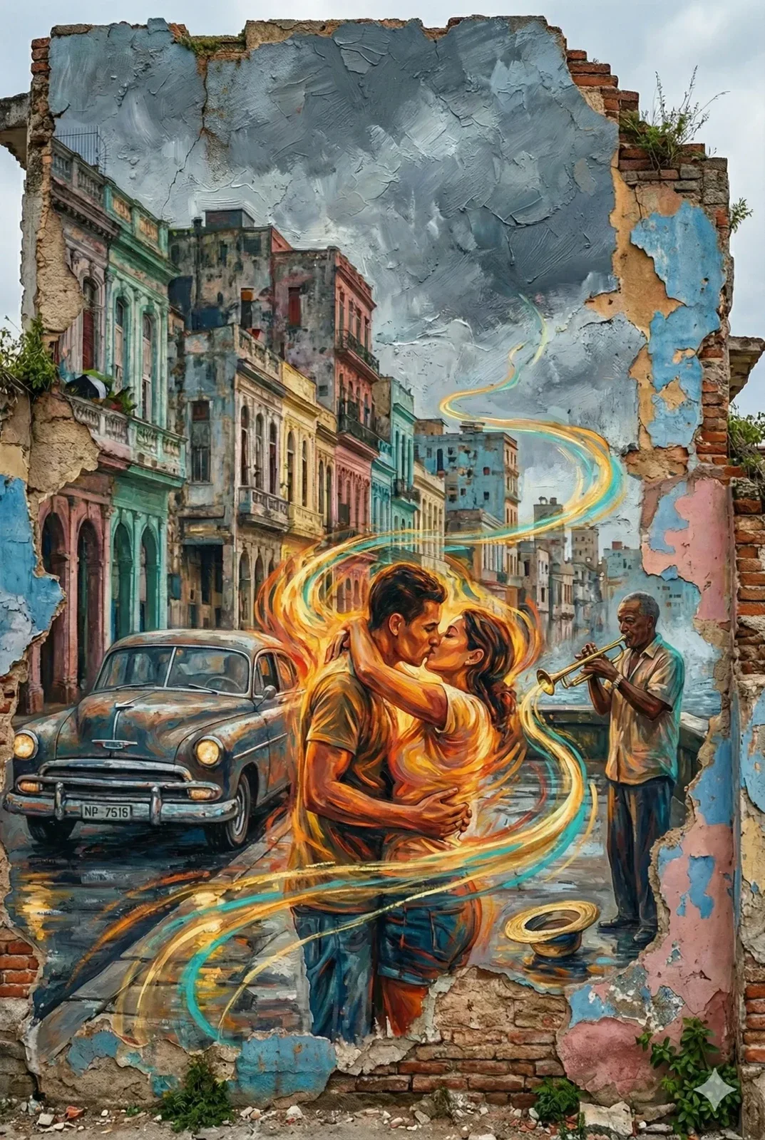 Escena de una pareja y un músico representada sobre una pared deteriorada, con trazos luminosos.