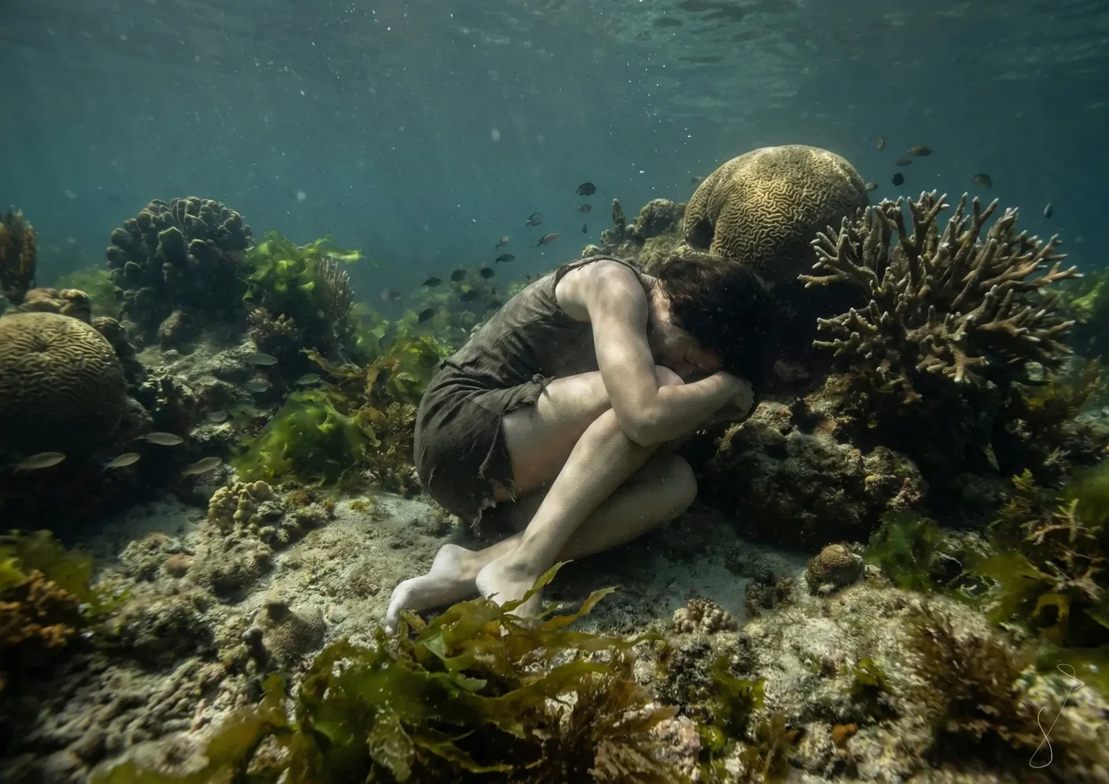 Dos figuras abrazadas bajo el agua, sobre un fondo de piedras y vegetación.