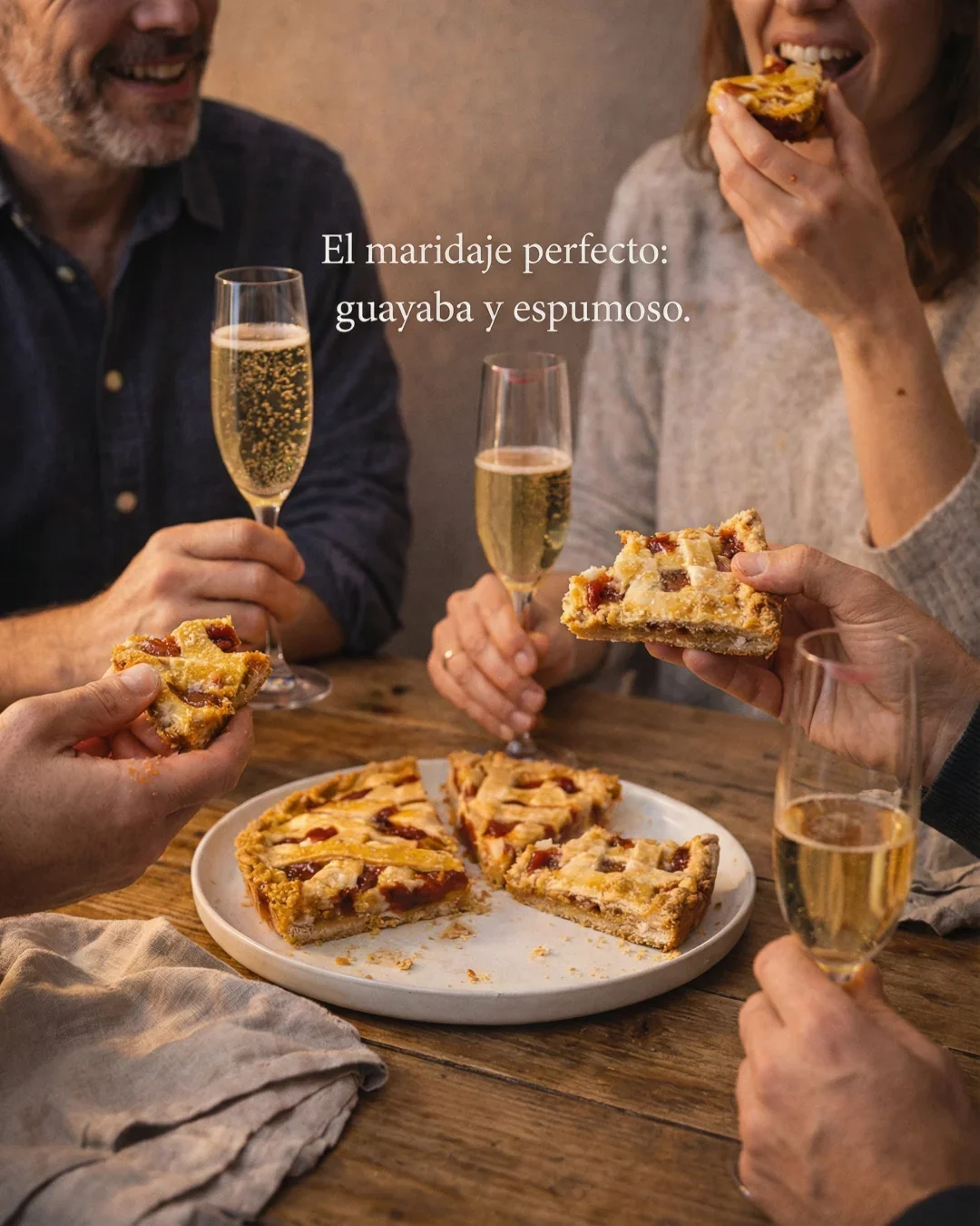 Pieza gastronómica con pastel y copas en una mesa compartida.