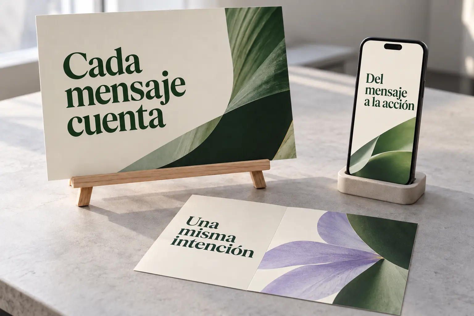 Composición conceptual realista de una campaña con cartel, teléfono y folleto de una sola hoja.