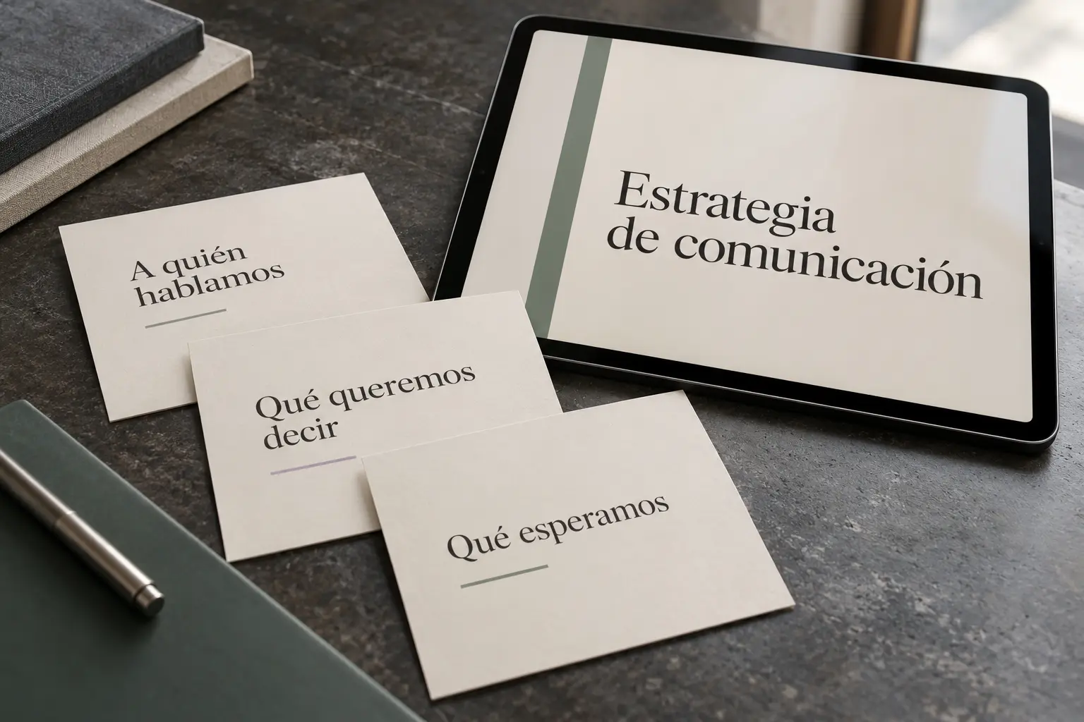 Composición conceptual realista con una tableta que organiza público, mensaje y respuesta esperada.