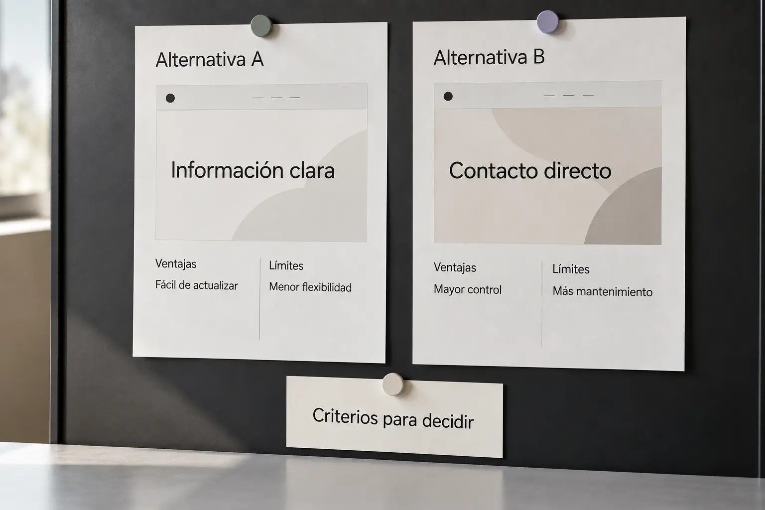 Composición conceptual realista con dos alternativas documentadas y criterios para decidir.
