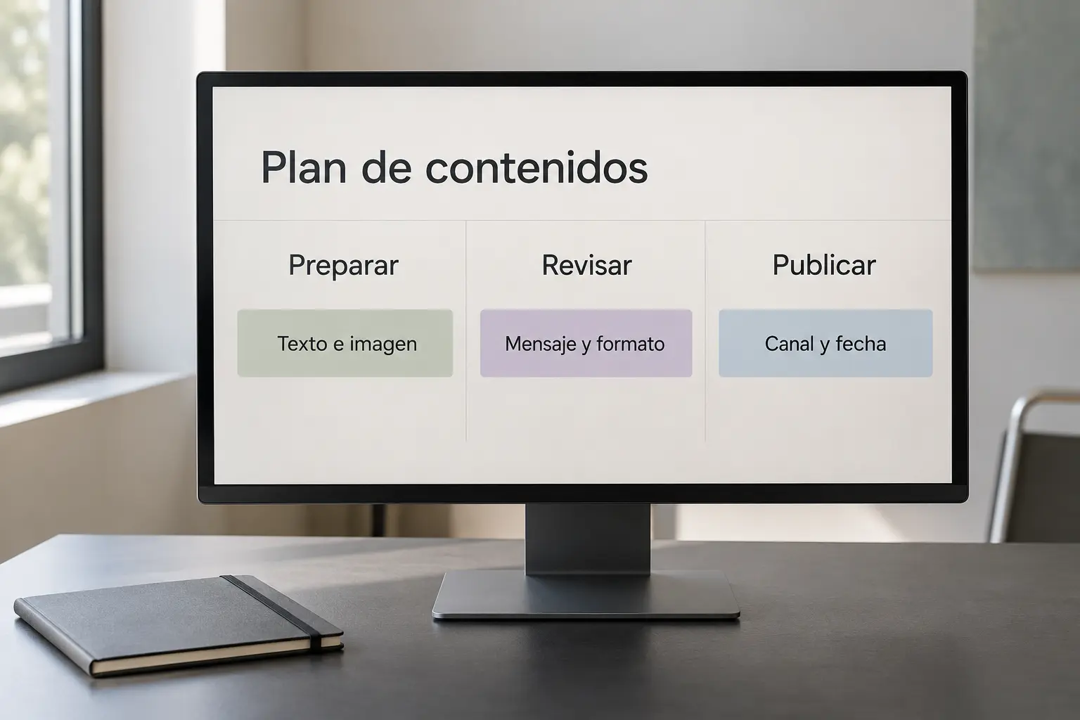 Composición conceptual realista de un plan de contenidos organizado en preparación, revisión y publicación.