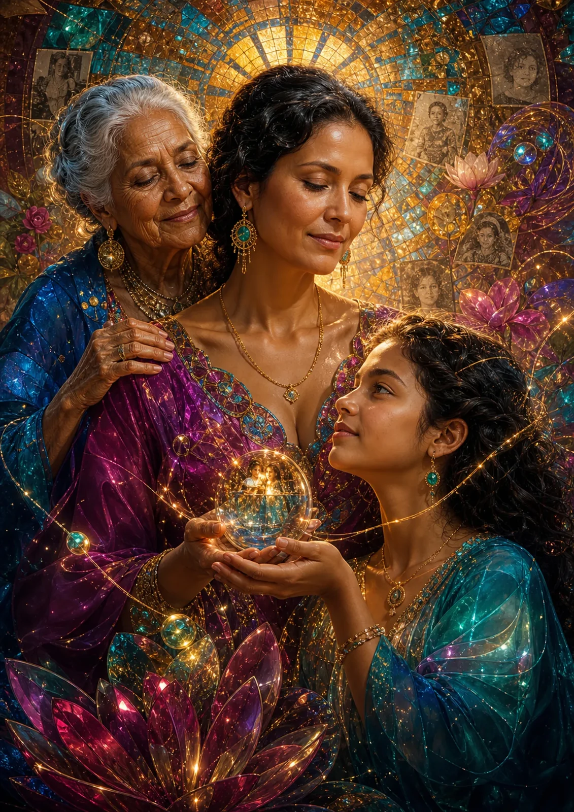 Tres figuras femeninas de distintas edades reunidas alrededor de una esfera luminosa, entre elementos vegetales.