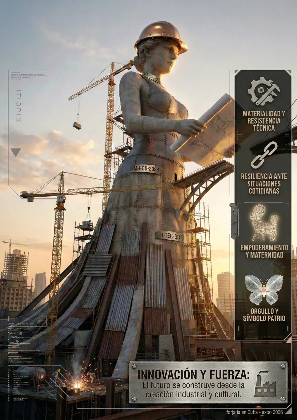 Figura femenina monumental con casco y cuerpo de estructura industrial, rodeada de grúas.