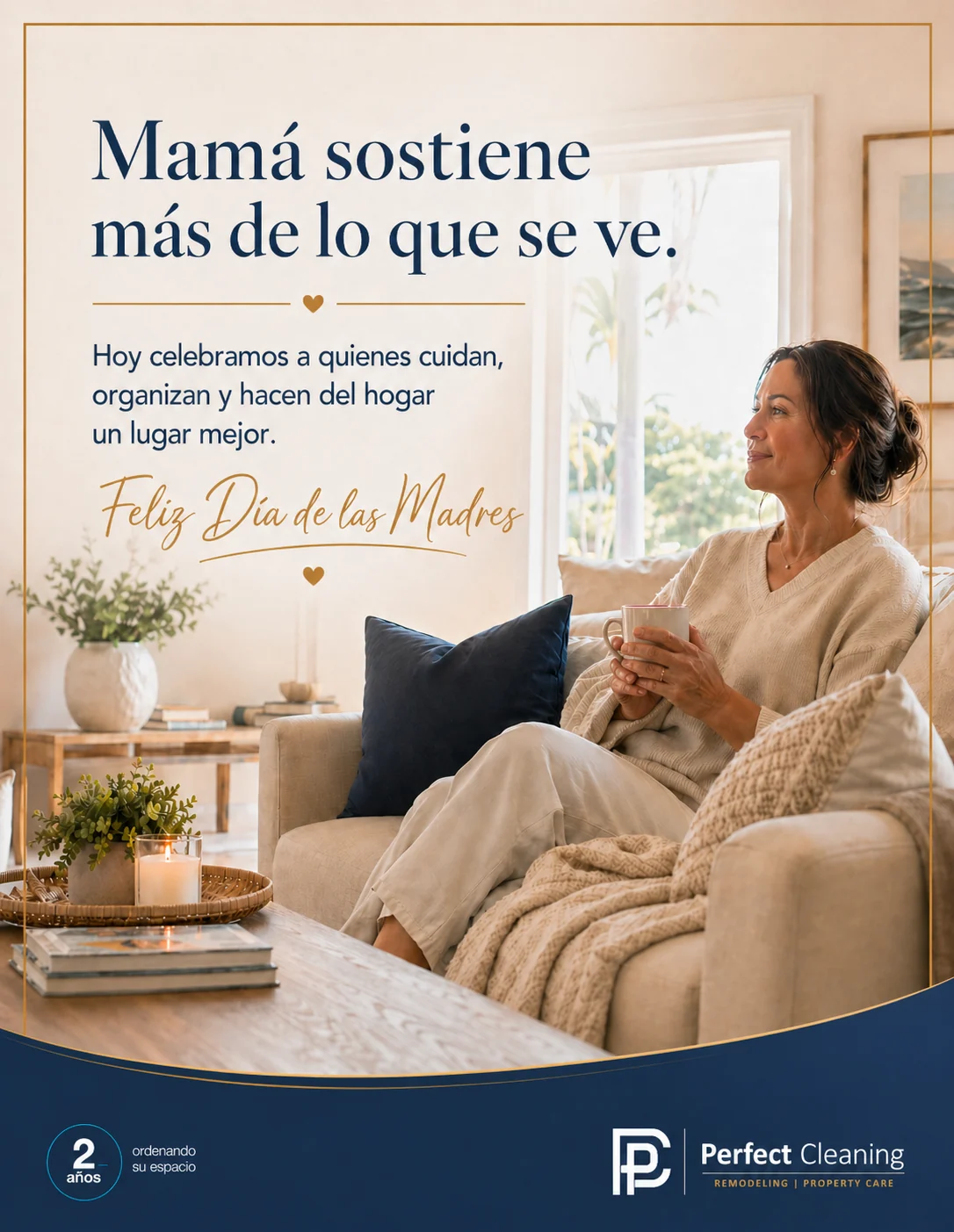 Postal de felicitación por el Día de las Madres con identidad de Perfect Cleaning.